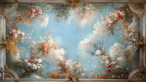 Floral ceiling mural, palace interior, sky backdrop, design element