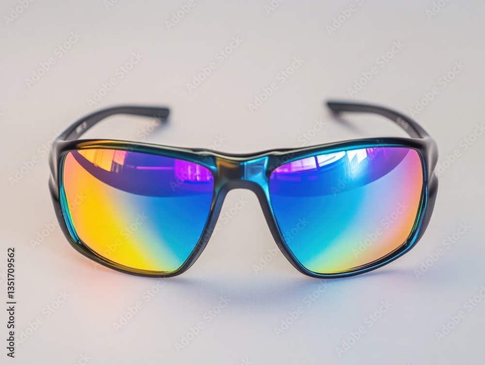 A pair of sunglasses with reflective lenses, isolated and focused on a white surface, A pair of sunglasses with reflective lenses, isolated and focused on a white surface,