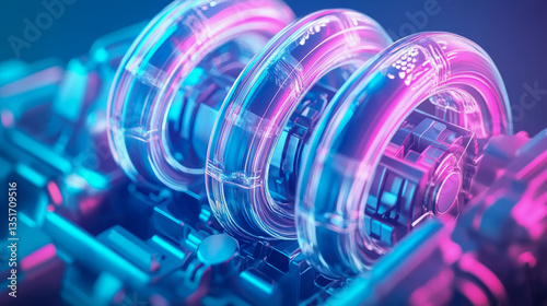 Futuristic Machine Component: Complex Mechanics with Transparent Rings, Neon Accents for Tech Industry