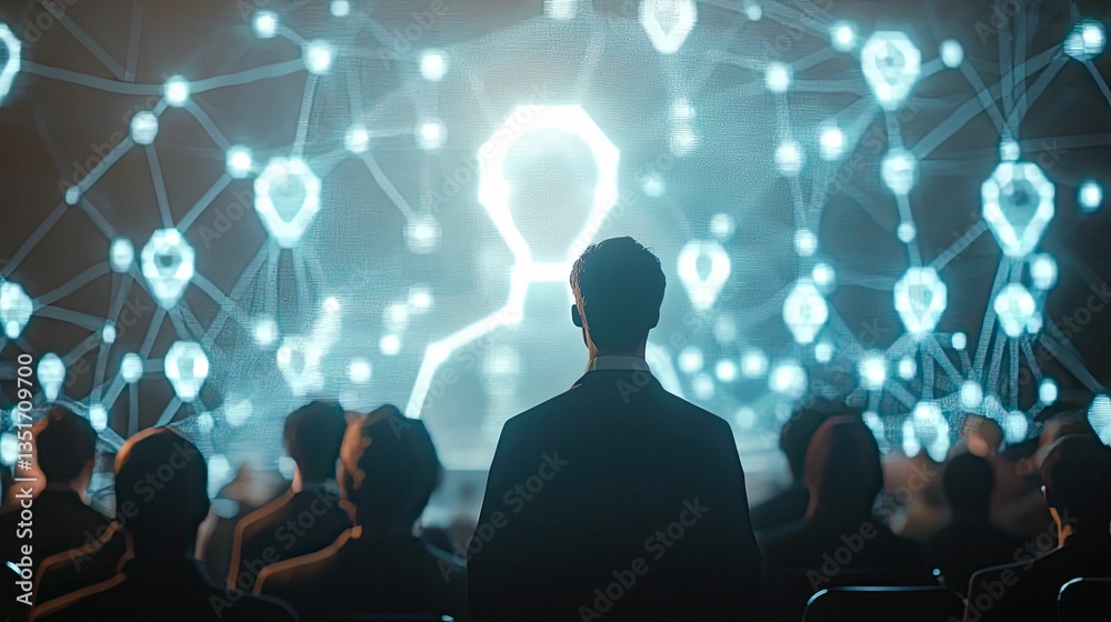 Person observes illuminated network, audience seated. Person observes illuminated network, audience seated.