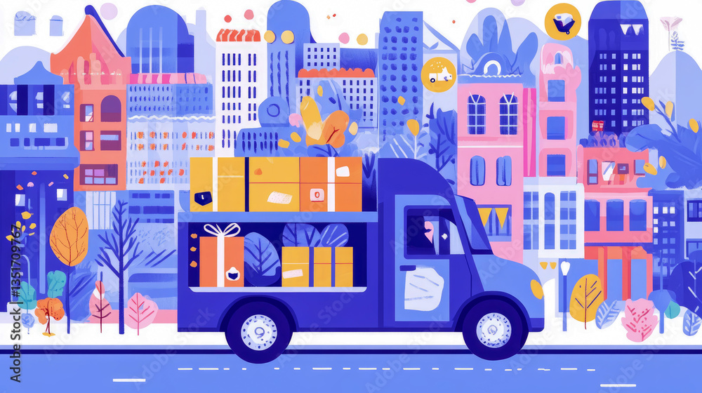 Fototapeta premium Express Delivery: quick and colorful journey through the cityscape, delivering smiles, perfect for cards, posters and happy occasions.