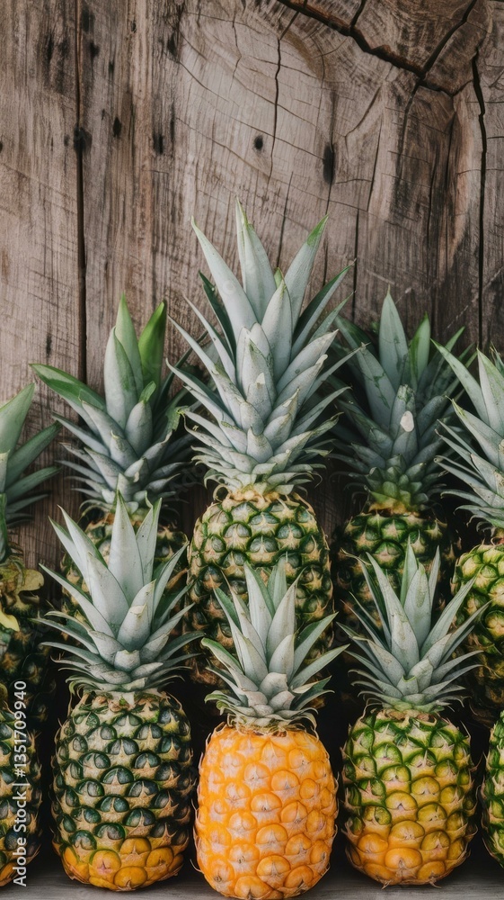 Fototapeta premium Group of ripe pineapples on rustic wooden background