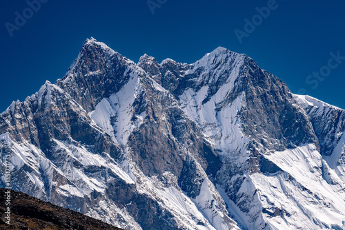 Lhotse, Lhotse Middle, Lhotse Shar, Lhotse fourth highest Mountain on Earth, Himalay, Elevation of the Main Peak of Lhotse 8516 m, Khumbu, Khumbu Valley, Glacier, on the Way tot he Everset Base Camp,  photo