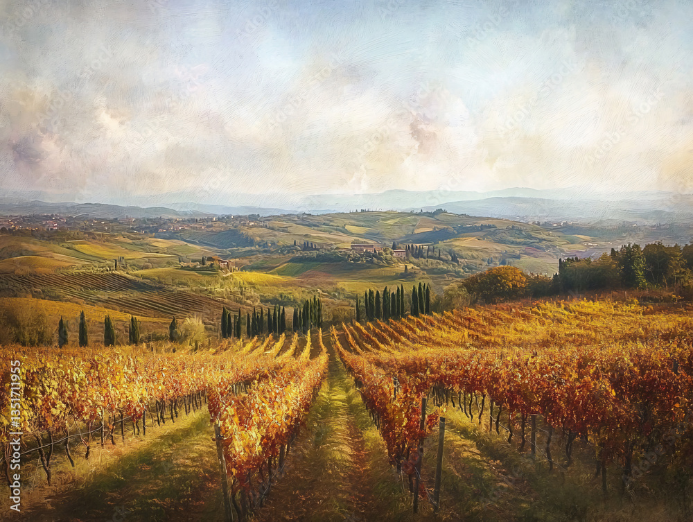 Naklejka premium Vineyard aerial view harvest landscape countryside rolling hill autumn tree rural farmland grape field winery estate golden valley painting sunlight nature agriculture scenic texture farming tradition