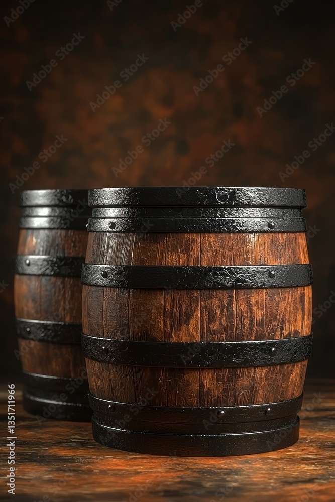 Two Wooden Barrels on a Rustic Wooden Surface Two Wooden Barrels on a Rustic Wooden Surface