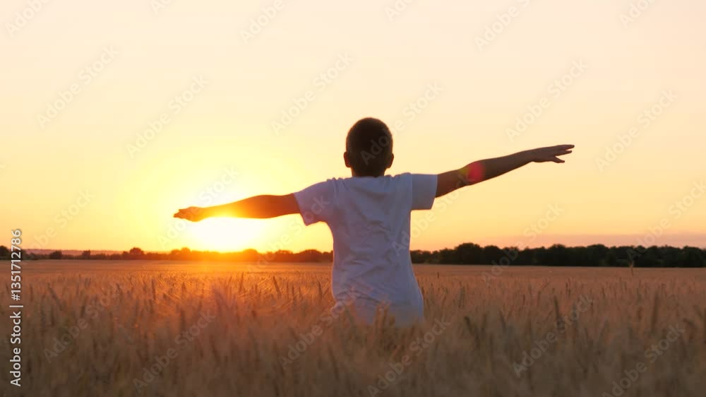 Happy male teen running on wheat field with open hands enjoy freedom at sunset sunrise back view closeup. Boy kid teenager relaxing imagine flying at dusk rye meadow sun sky forest horizon Happy male teen running on wheat field with open hands enjoy freedom at sunset sunrise back view closeup. Boy kid teenager relaxing imagine flying at dusk rye meadow sun sky forest horizon