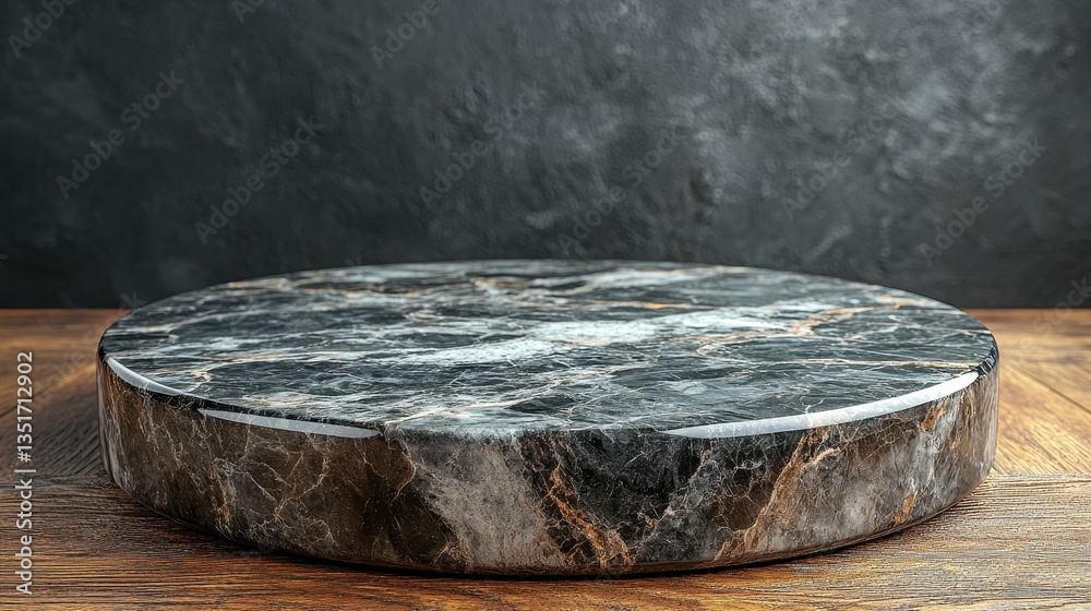 Fototapeta premium Elegant Black Marble Podium with Smooth Finish for Luxury Display in Front View