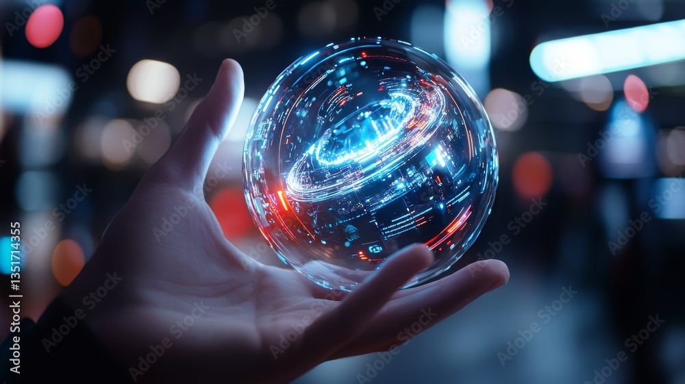 Futuristic Hologram Globe in Hand Urban Setting Digital Concept Nighttime Technology Innovation