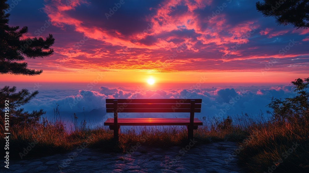 A wooden bench overlooking the vibrant sunset over the clouds A wooden bench overlooking the vibrant sunset over the clouds