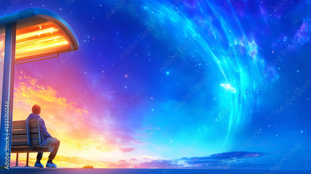 Fototapeta premium A young boy sits quietly on a bus stop bench, gazing at a stunning sunset blending with cosmic colors. The sky features brilliant blues and purples, creating a serene atmosphere
