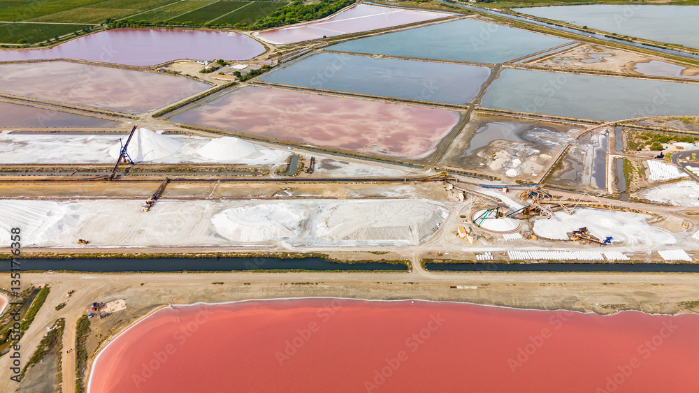 Aerial view of the Aigues-Mortes salt marshes in Camargue, southern France