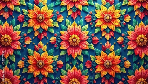 Intricate floral textile design, repeating motif, retro, texture