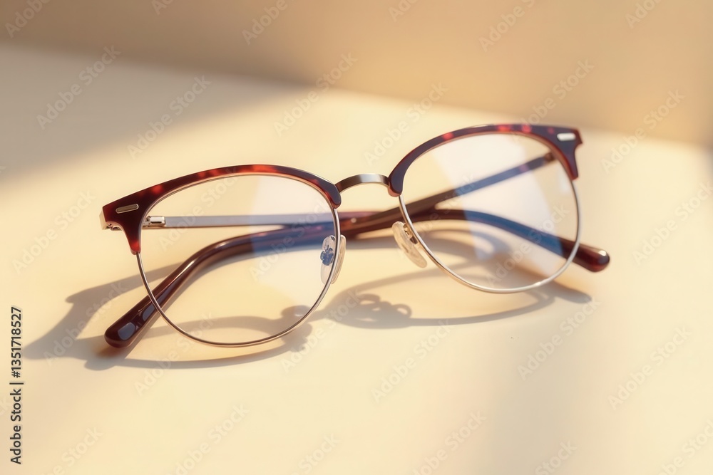 Stylish Eyeglasses with Tortoise Shell Frames and Gold Metal Accents Resting on a Soft Beige Surface in Gentle Sunlight Stylish Eyeglasses with Tortoise Shell Frames and Gold Metal Accents Resting on a Soft Beige Surface in Gentle Sunlight