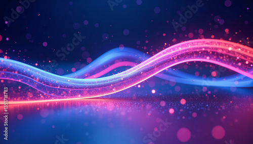 Vibrant neon waves of blue and pink energy flow across a dark, shimmering surface, creating a dynamic and futuristic abstract scene. Graphical resource for design and downstream advertisement pur