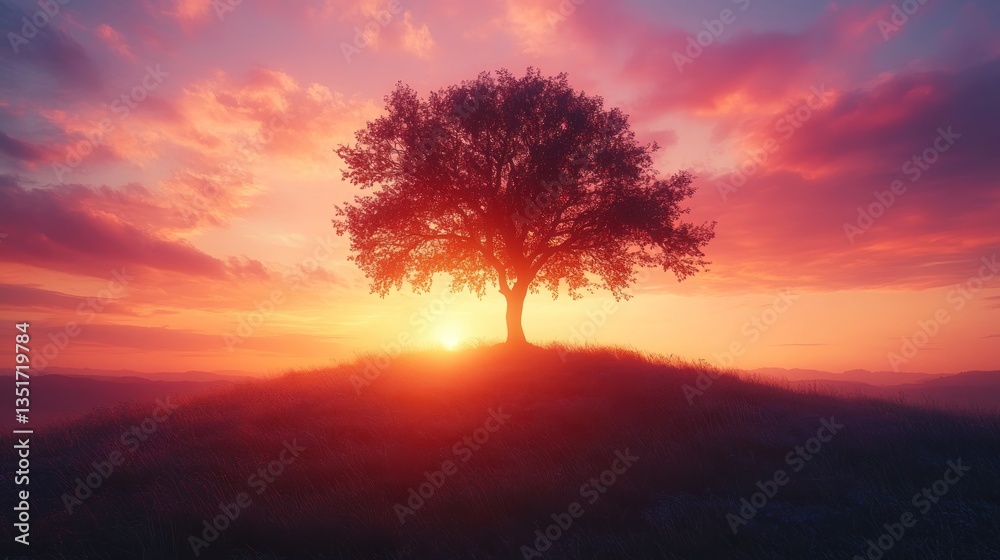 Obraz premium Majestic tree silhouette atop hill at vibrant sunrise