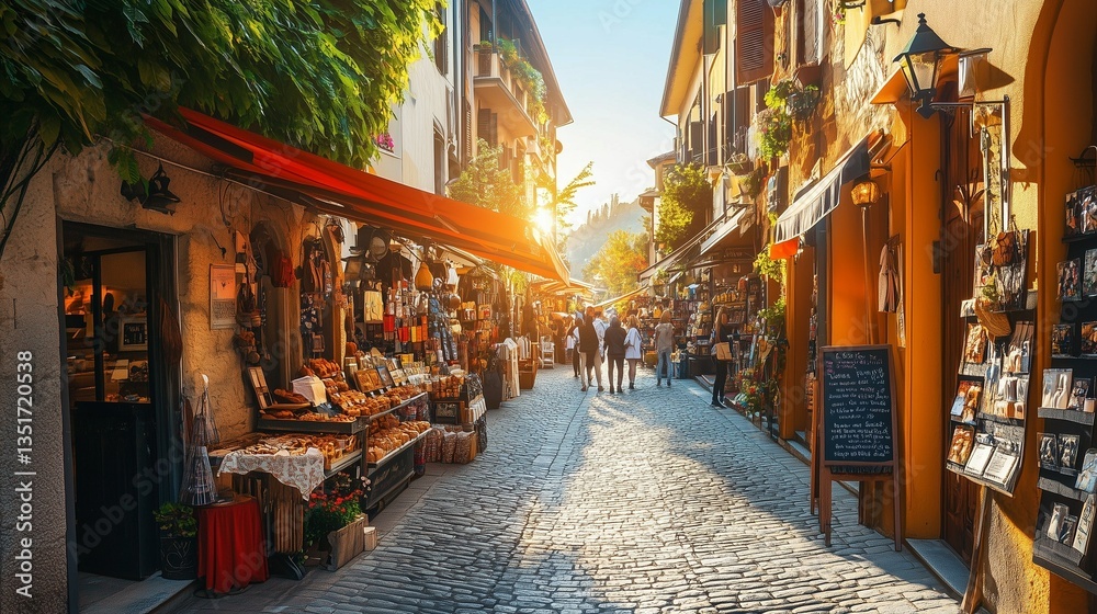 Fototapeta premium Colourful bazaars filled with people. A lively market alley.