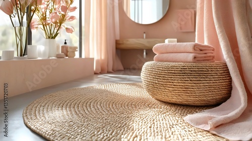 A bathroom with a pink color theme and a round rug