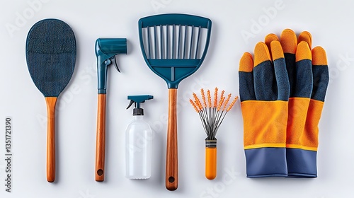 Flat lay of gardening tools gloves, spray bottle, scoop, rake, and weeder
