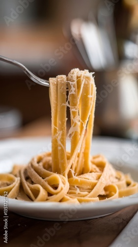 Tagliatelle with parmesan twisted on a fork selective focus shallow depth of field
