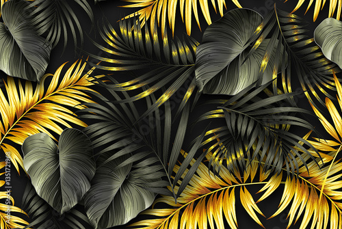 Noir gold tropic leaf pattern. Seamless, elegant design with tropical leaves in black and gold. Perfect for fabric, prints, & more.