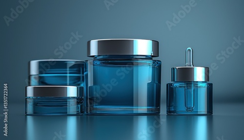Elegant Blue Glass Cosmetic Jars and Serum Bottle