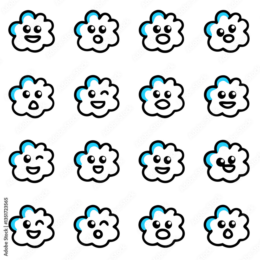 Cloud Expressions: A delightful array of cartoon cloud illustrations, each showcasing a unique and expressive emotion, bringing a touch of whimsy and lightheartedness to any design. Cloud Expressions: A delightful array of cartoon cloud illustrations, each showcasing a unique and expressive emotion, bringing a touch of whimsy and lightheartedness to any design.