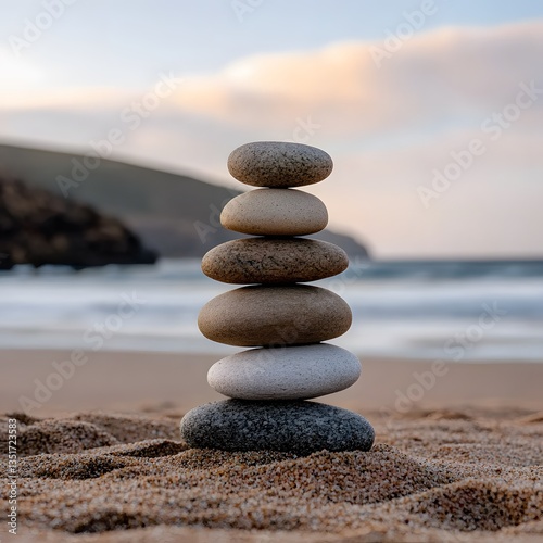 Balanced stones beach sunset serenity meditation