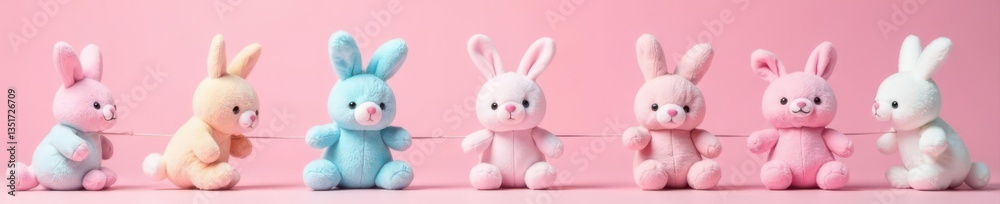 Obraz premium String of pastel bunny plushies, pink background, plush toy, soft toy