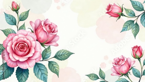 Delicate watercolor roses, intertwined leaves, soft pastel hues, nature, illustration