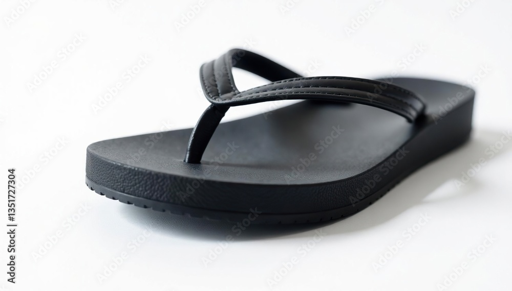 Single black flip-flop on white background, close-up view, product, sandal Single black flip-flop on white background, close-up view, product, sandal