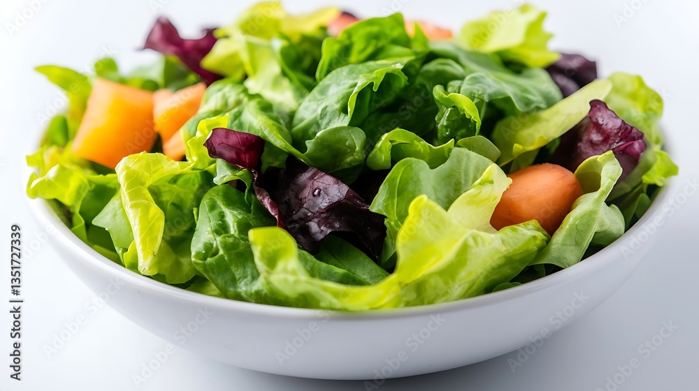 Fresh green salad with orange chunks in a white bowl against a white background Fresh green salad with orange chunks in a white bowl against a white background