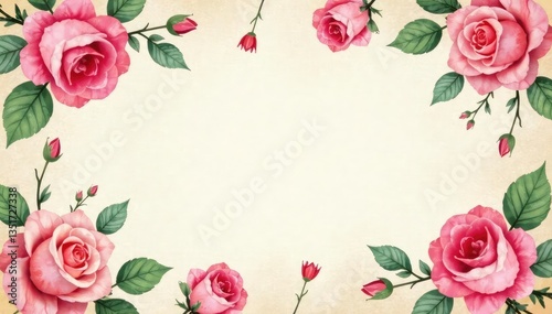 Delicate watercolor roses repeat on vintage paper background, repeat, buds, petals