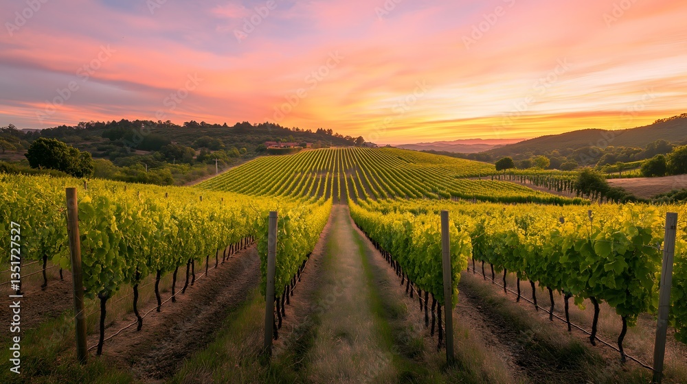 Fototapeta premium Vineyard bathed in warm sunset light with vibrant colors and rows of grapes in a picturesque landscape