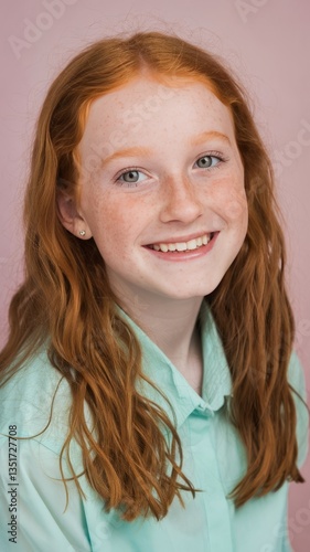Headshot portrt of happy ginger red hr girl with freckles smiling looking at camera pastel blue