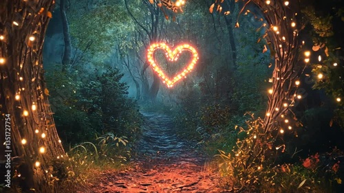 Mystical Forest Path Illuminated by Heart Shaped Lights for Romantic Journey