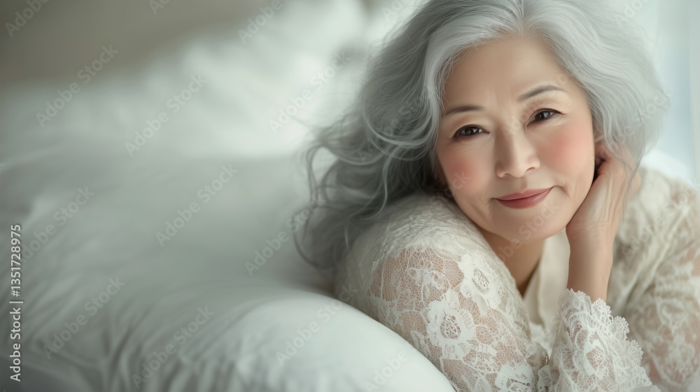 穏やかに微笑むシルバーヘアの日本人女性 穏やかに微笑むシルバーヘアの日本人女性