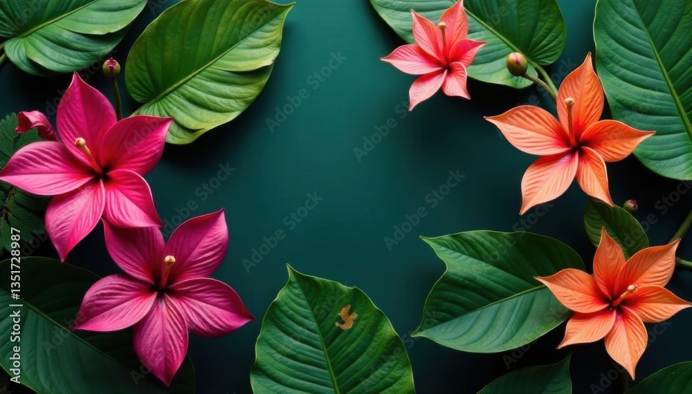Fototapeta premium Vibrant tropical flora display Lianas, orchids, ferns, Monstera leaves , summer, floral
