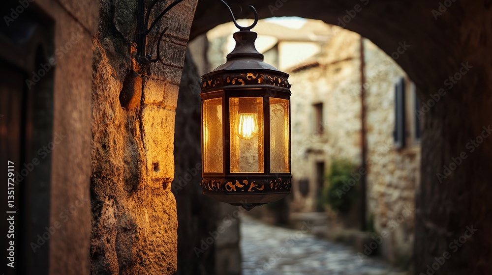 Medieval alleyway lamp lit, stone houses Medieval alleyway lamp lit, stone houses
