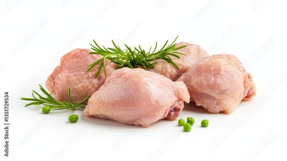 Fresh chicken thighs arranged with green herbs and peas on a white background, perfect for culinary presentations. Fresh chicken thighs arranged with green herbs and peas on a white background, perfect for culinary presentations.