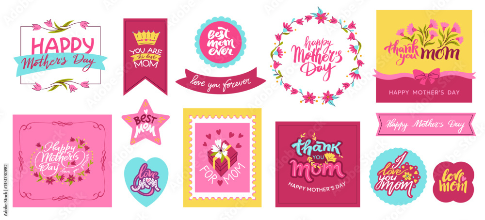 Mothers Day frames. Floral text border with decorative elements for greeting card, simple frame with text for holiday celebration. Vector isolated set Mothers Day frames. Floral text border with decorative elements for greeting card, simple frame with text for holiday celebration. Vector isolated set