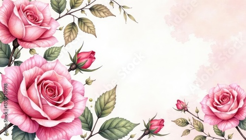 Intricate watercolor roses & leaves, blush pink hues, floral design, print