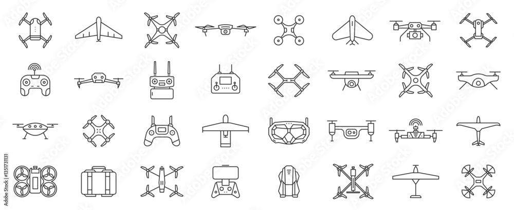 Drone line icons. Aviation unmanned controlled aircraft with camera, copter drones with wireless control, battery and propellers. Vector set of flying robot drone vehicles Drone line icons. Aviation unmanned controlled aircraft with camera, copter drones with wireless control, battery and propellers. Vector set of flying robot drone vehicles