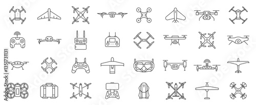 Drone line icons. Aviation unmanned controlled aircraft with camera, copter drones with wireless control, battery and propellers. Vector set of flying robot drone vehicles