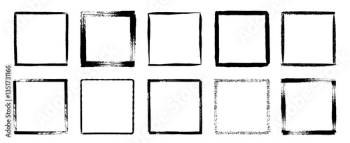 Brush square frame. Black grunge borders with rough edges, dry brushed shapes, dirty ink chalk geometric collection. Vector brush framing set