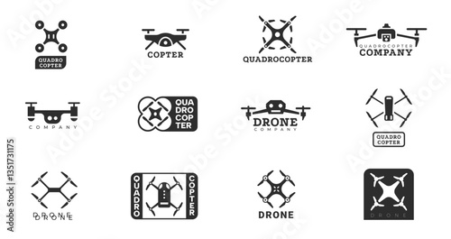Drone logo. Business unmanned quadcopter aircraft with propellers, modern aerial vehicle technology for photography delivery surveillance, flat design. Vector drones set