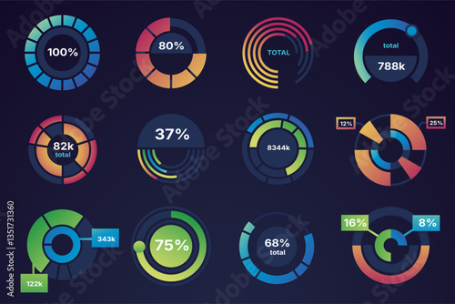 Pie graph chart. Circle data infographic, round statistic diagrams and infographics, business data pie presentation geometric elements, percentage visualization. Vector set