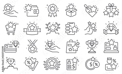 Benefit line icons. Star reward loyalty program, bonus outline pictograms, employee prize rewards voucher ticket, premium quality gift. Vector benefit editable stroke set