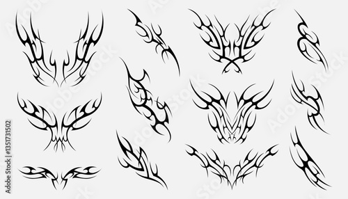 Neo tribal. Y2k tattoo punk gothic abstract symbols, brutalist tribalistic dark decorative elements, metal streetwear logo design, grunge y2k aesthetic. Vector isolated set