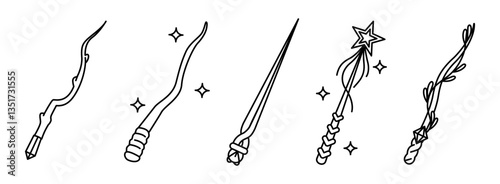 Magic wand icon. Wizard miracle trick outline magician wands with stars, fantasy tool for miracles and imagination logo design. Vector linear isolated set