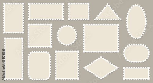 Blank post stamp. Postage frame form, vintage empty postcard stamp frame with perforated border, mail delivery sticker template, philately element. Vector stamps isolated set